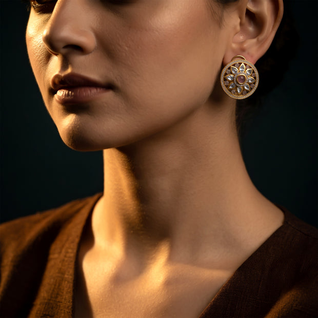 Bhavmayi 14K Gold Round Mandala Stud Earrings with Emerald & Teardrop Diamond Accents