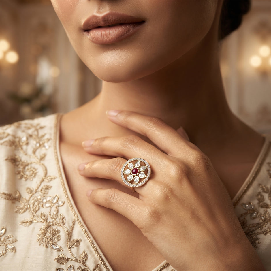 Bhavmayi Flower Mandala Statement Polki-Diamond-Gold Finish Ring