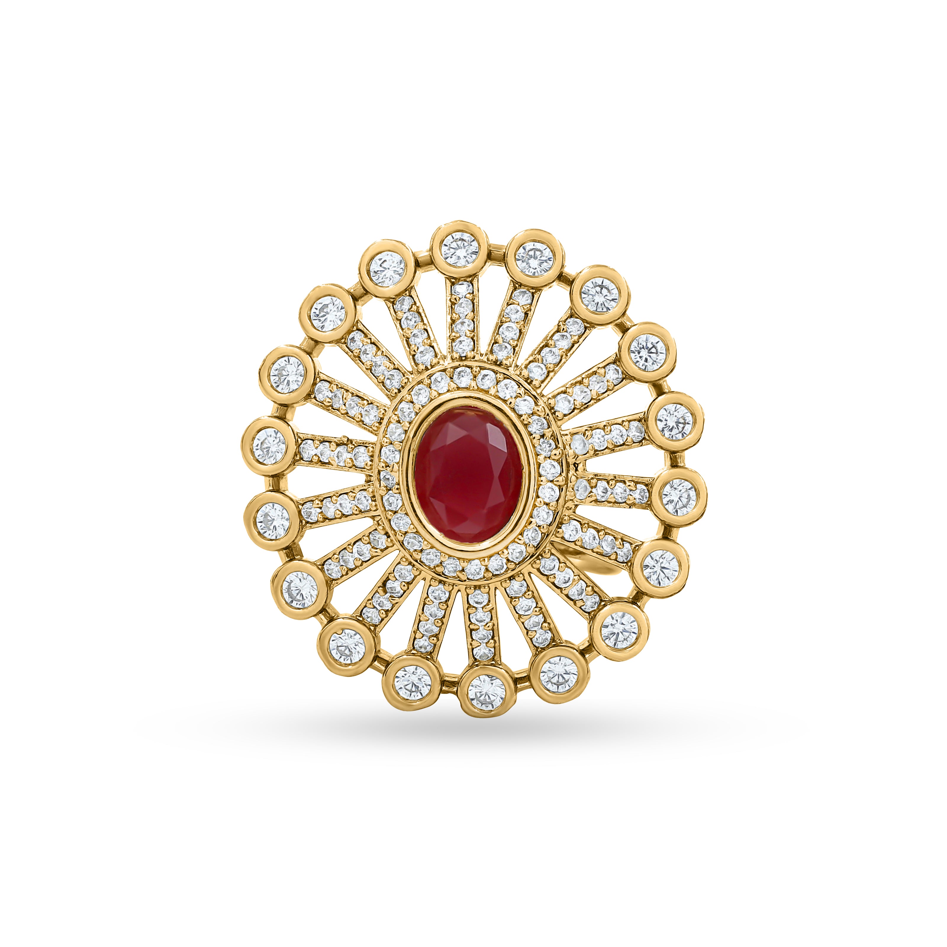 Bhavmayi 14K Gold Finish Modern Sunburst Spokes Pave Outer Halo Oval Diamond Statement  Ring