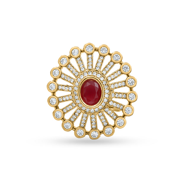 Bhavmayi 14K Gold Finish Modern Sunburst Spokes Pave Outer Halo Oval Diamond Statement  Ring