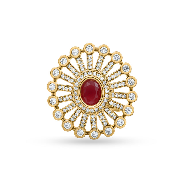 Bhavmayi 14K Gold Finish Modern Sunburst Spokes Pave Outer Halo Oval Diamond Statement  Ring