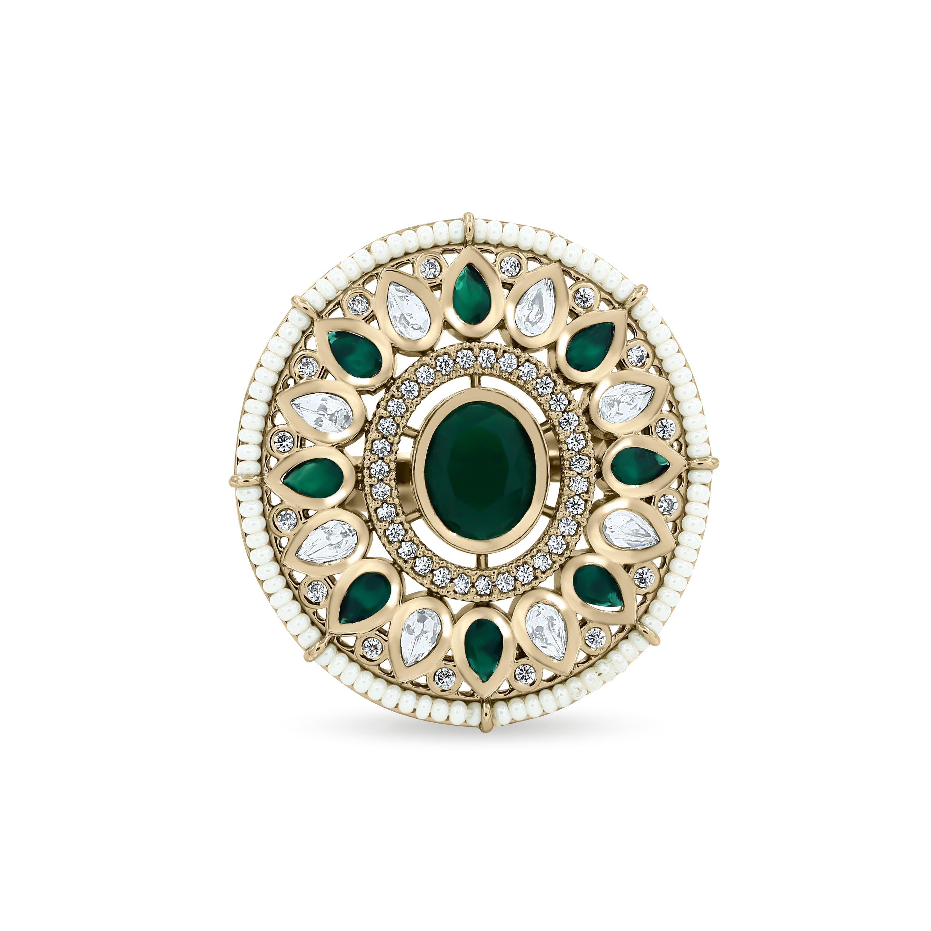 Bhavmayi 14K Yellow Gold Ruby and Diamond Floral Mandala Statement Ring with Seed Pearl Halo