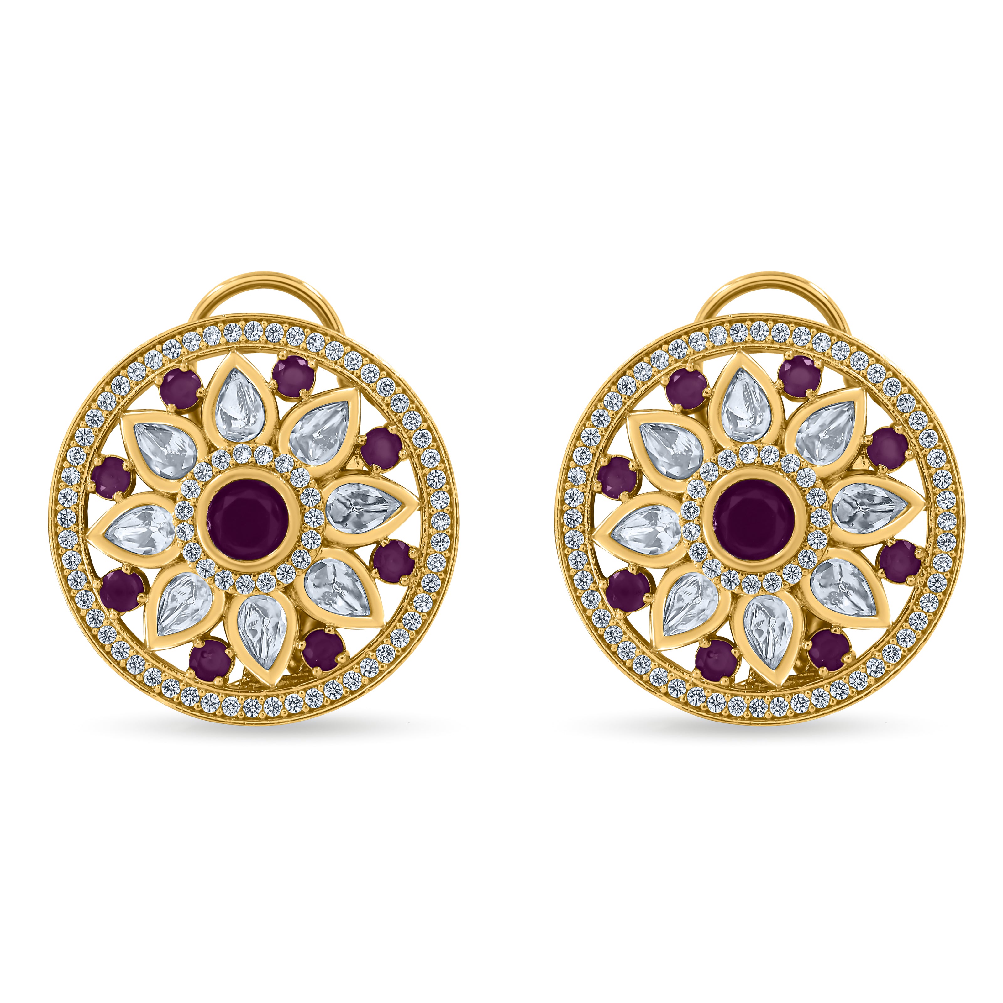 Bhavmayi 14K Gold Round Mandala Stud Earrings with Emerald & Teardrop Diamond Accents