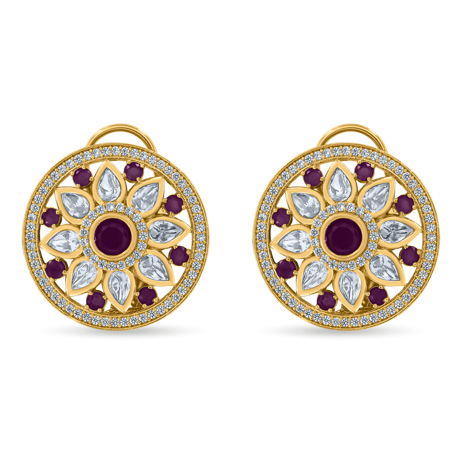 Bhavmayi 14K Gold Round Mandala Stud Earrings with Emerald & Teardrop Diamond Accents