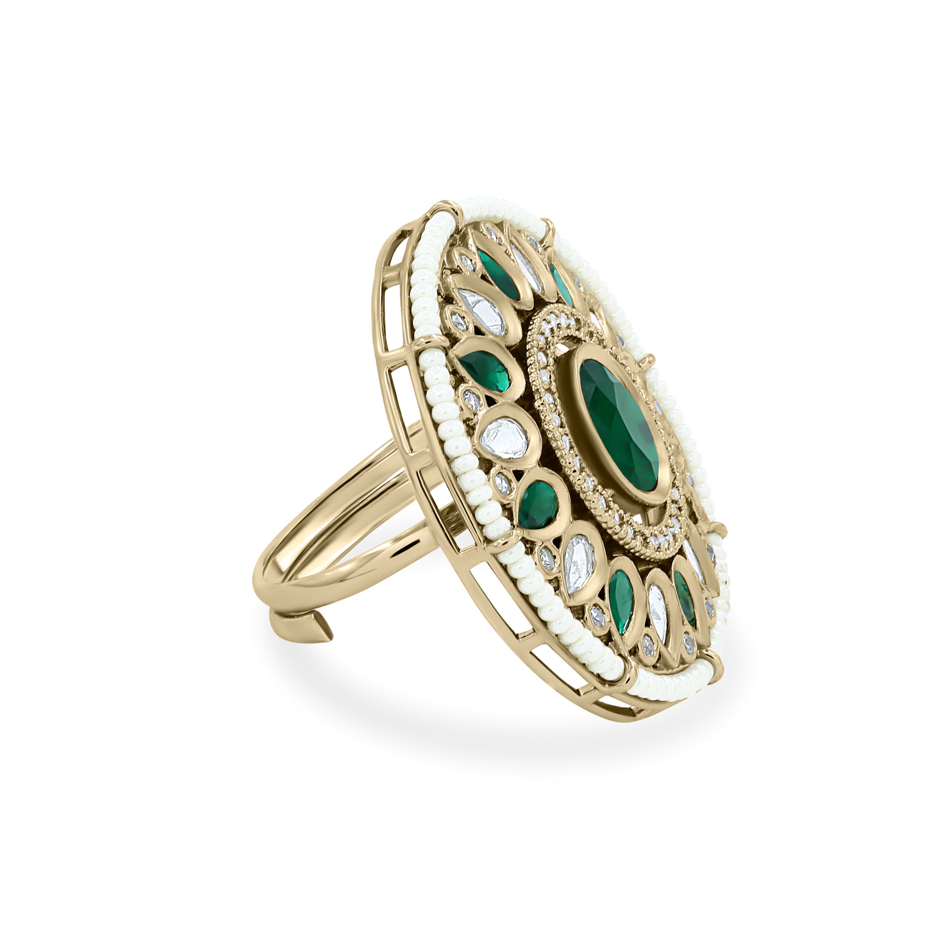 Bhavmayi 14K Yellow Gold Ruby and Diamond Floral Mandala Statement Ring with Seed Pearl Halo