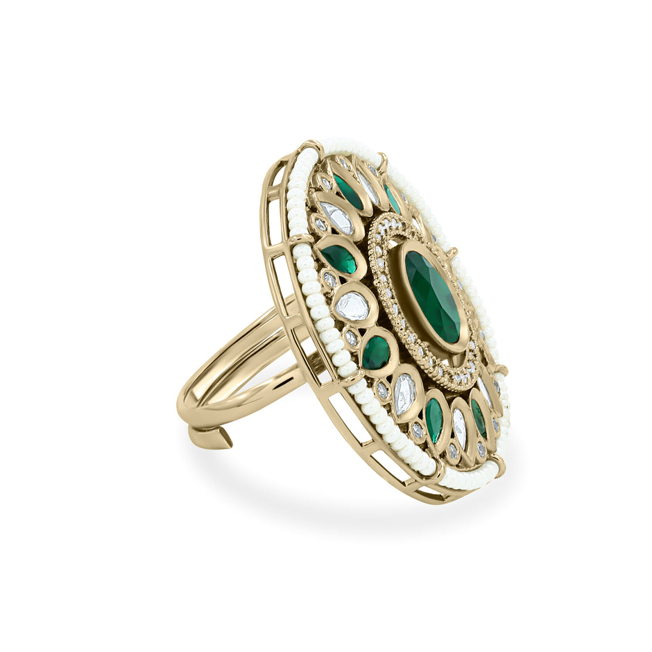 Bhavmayi 14K Yellow Gold Ruby and Diamond Floral Mandala Statement Ring with Seed Pearl Halo