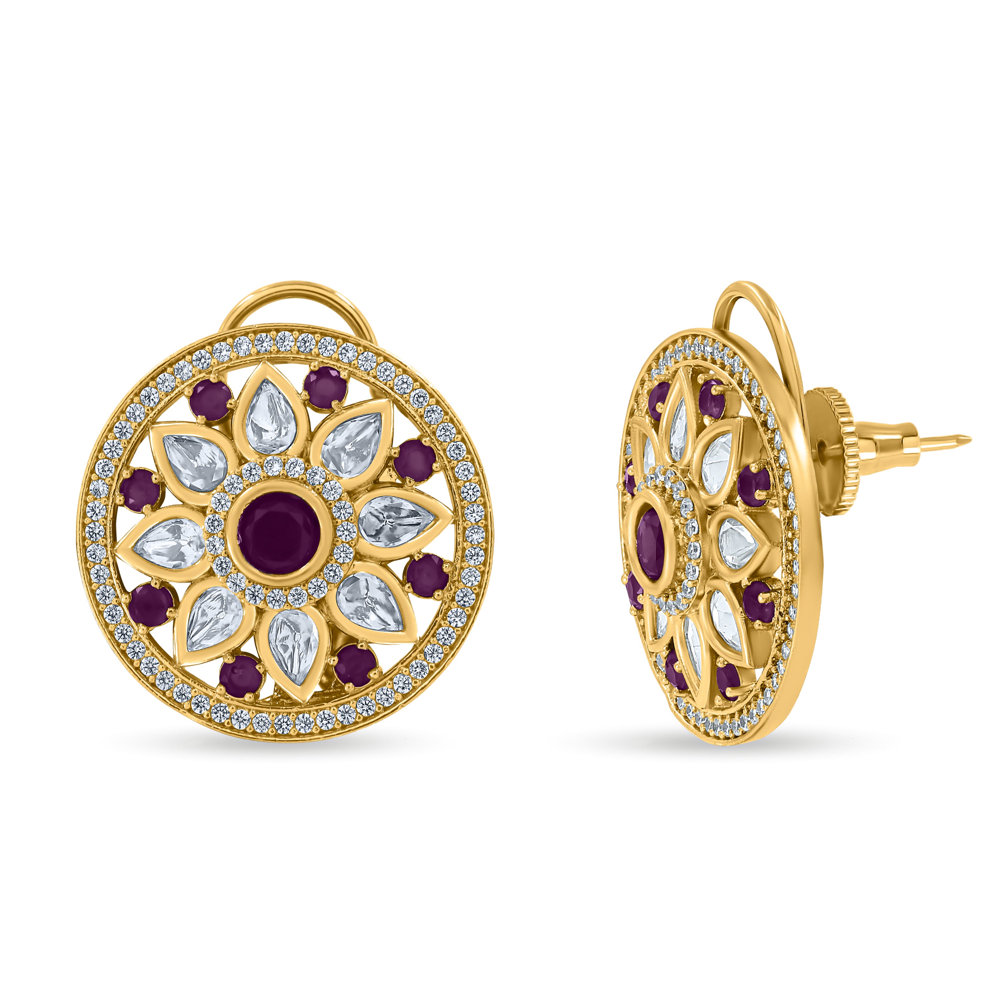 Bhavmayi 14K Gold Round Mandala Stud Earrings with Emerald & Teardrop Diamond Accents