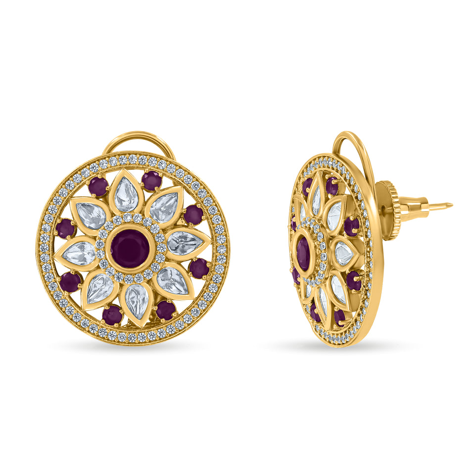 Bhavmayi 14K Gold Round Mandala Stud Earrings with Emerald & Teardrop Diamond Accents