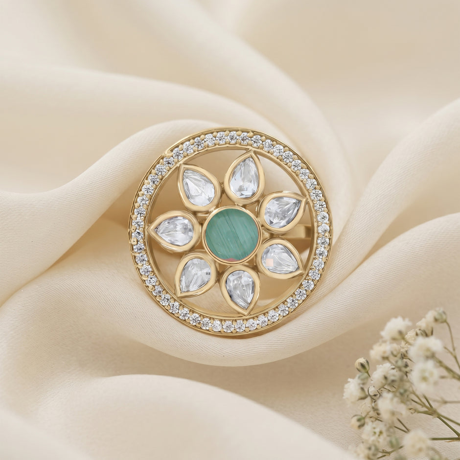 Bhavmayi Flower Mandala Statement Polki-Diamond-Gold Finish Ring