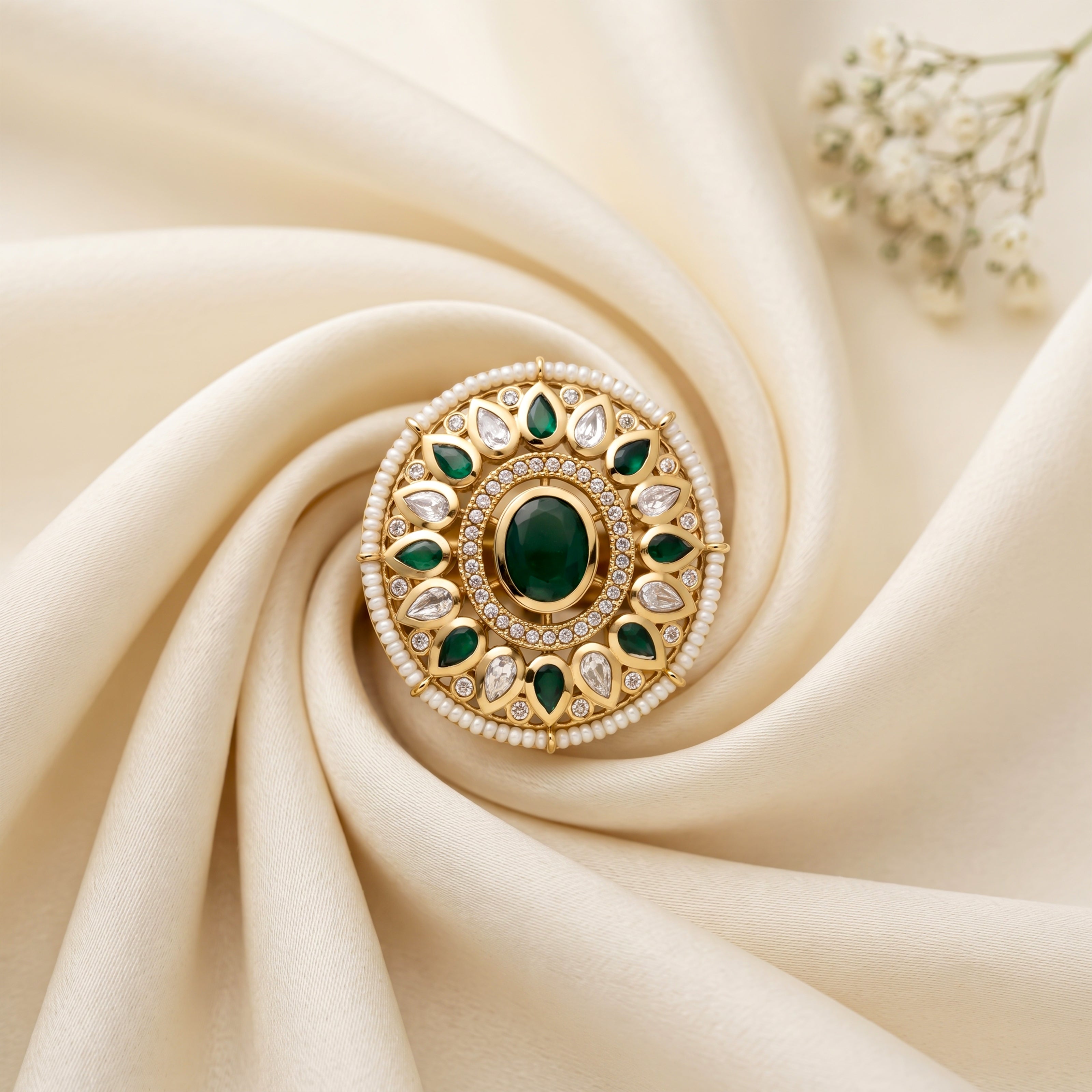 Bhavmayi 14K Yellow Gold Ruby and Diamond Floral Mandala Statement Ring with Seed Pearl Halo