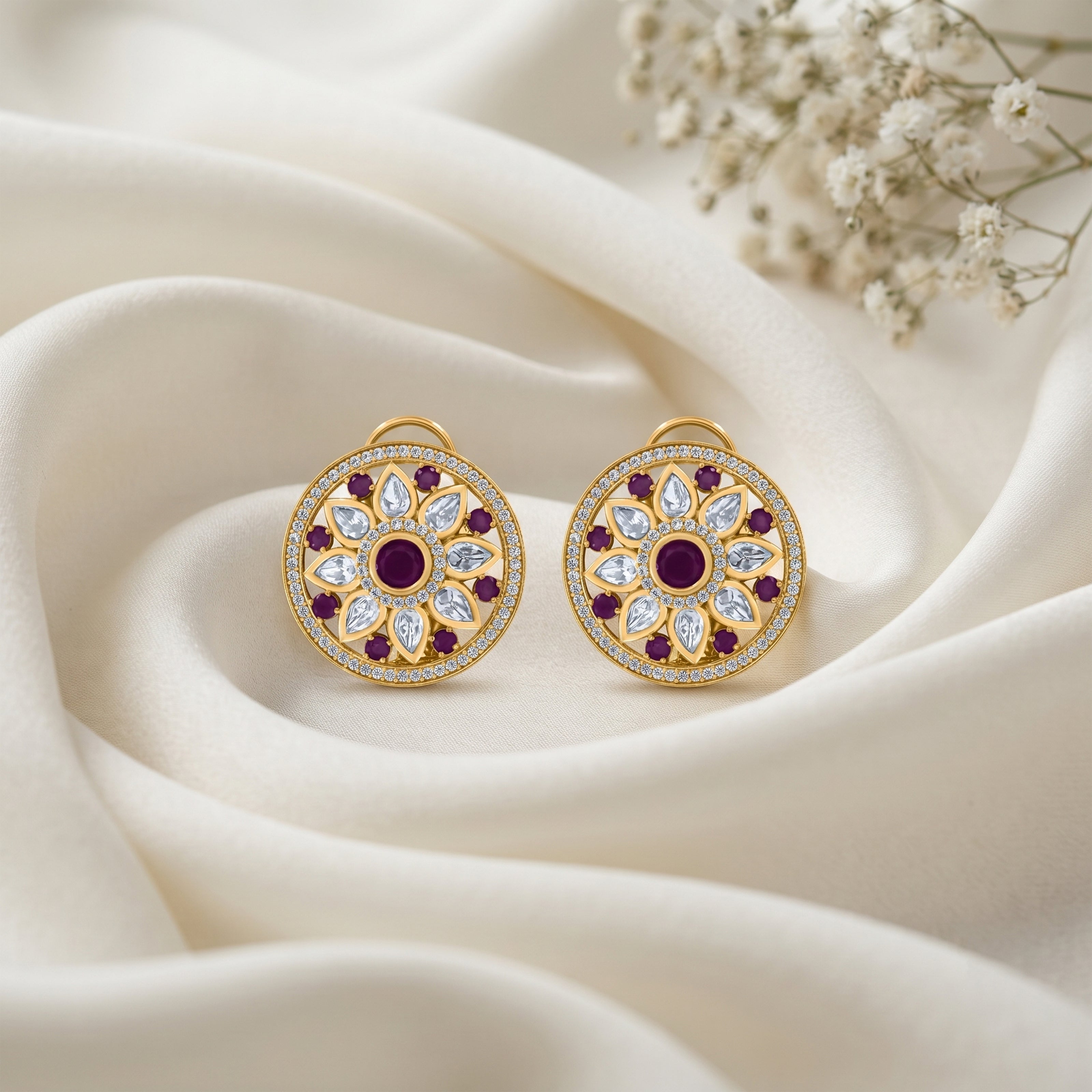 Bhavmayi 14K Gold Round Mandala Stud Earrings with Emerald & Teardrop Diamond Accents