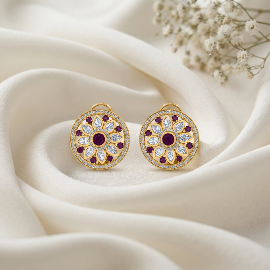 Bhavmayi 14K Gold Round Mandala Stud Earrings with Emerald & Teardrop Diamond Accents