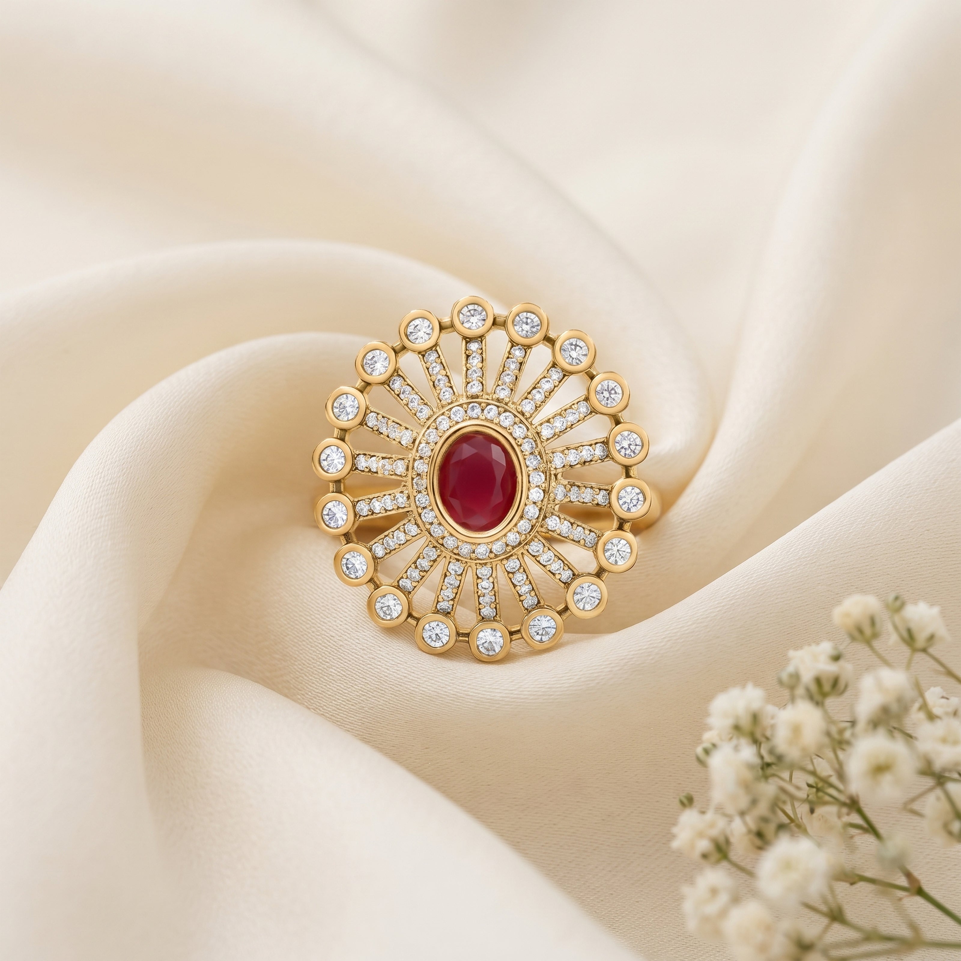 Bhavmayi 14K Gold Finish Modern Sunburst Spokes Pave Outer Halo Oval Diamond Statement  Ring