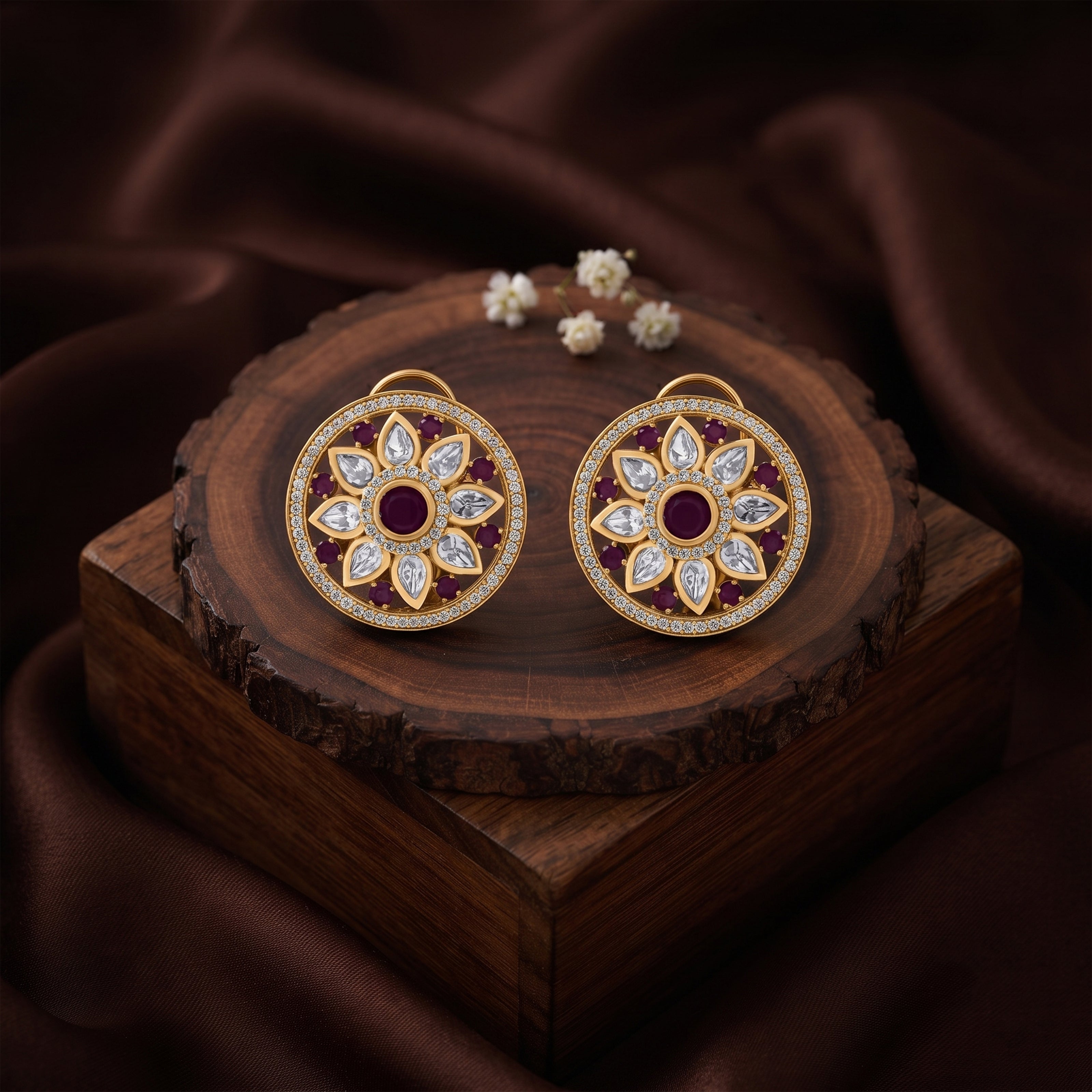 Bhavmayi 14K Gold Round Mandala Stud Earrings with Emerald & Teardrop Diamond Accents