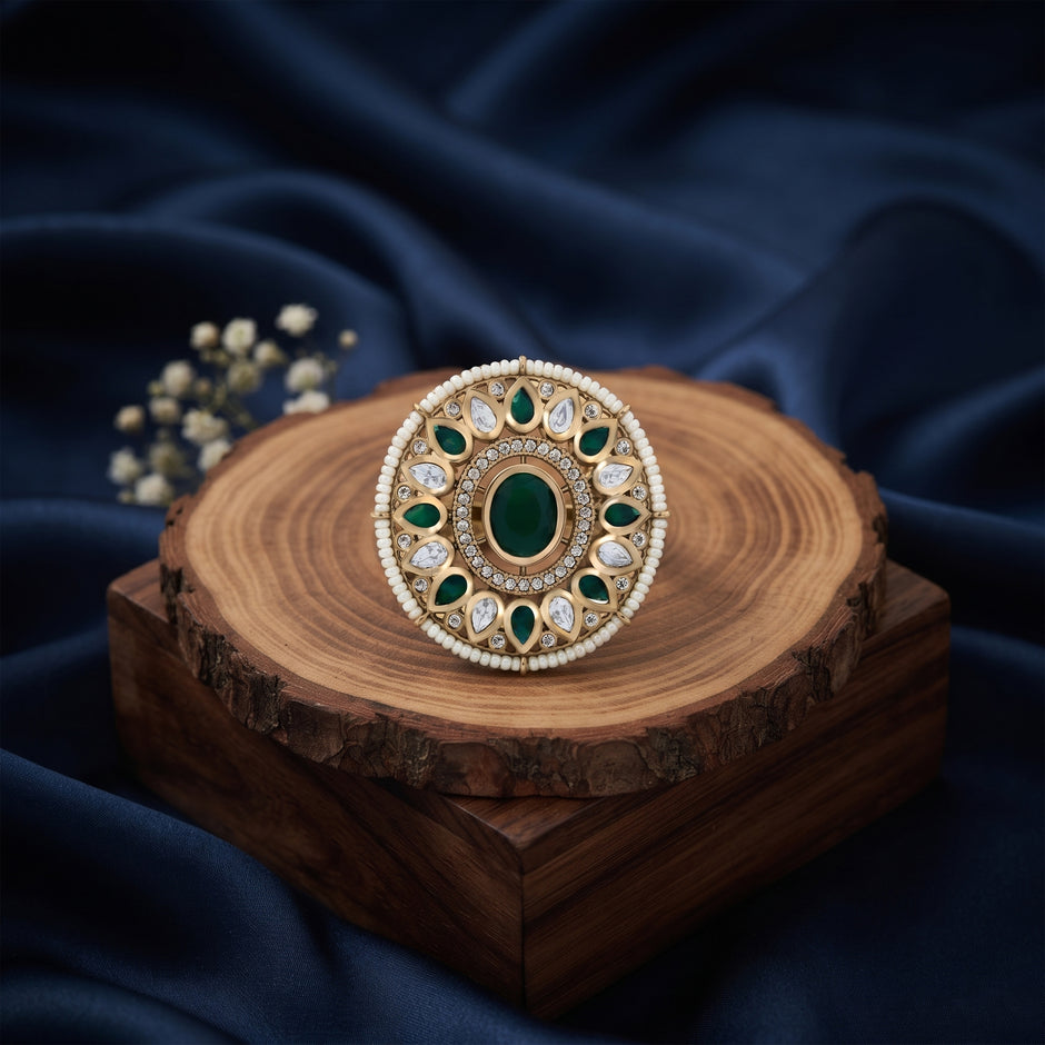 Bhavmayi 14K Yellow Gold Ruby and Diamond Floral Mandala Statement Ring with Seed Pearl Halo