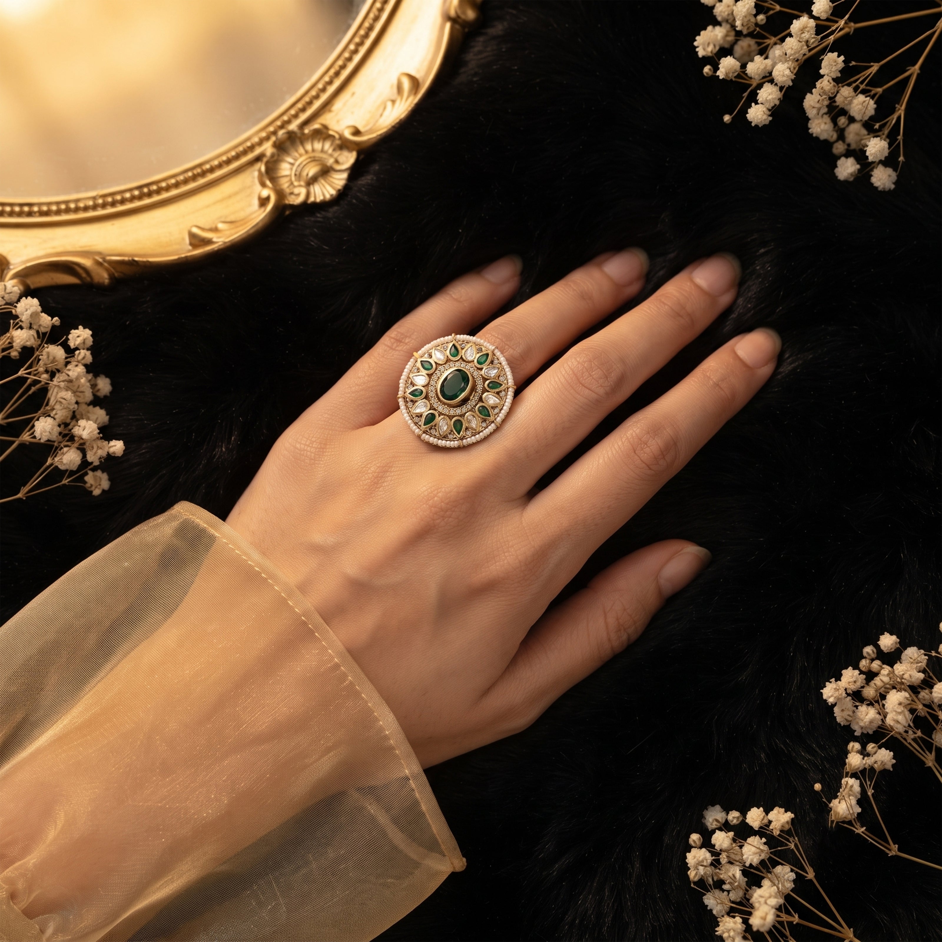 Bhavmayi 14K Yellow Gold Ruby and Diamond Floral Mandala Statement Ring with Seed Pearl Halo