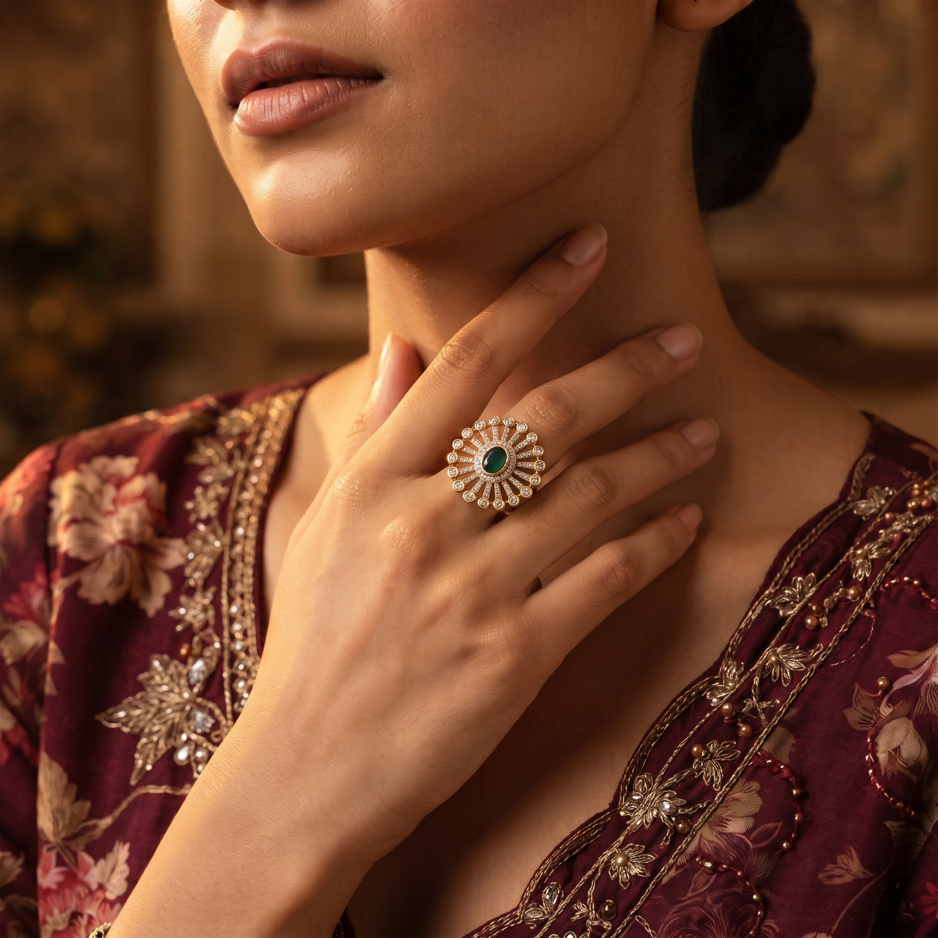 Bhavmayi 14K Gold Finish Modern Sunburst Spokes Pave Outer Halo Oval Diamond Statement  Ring