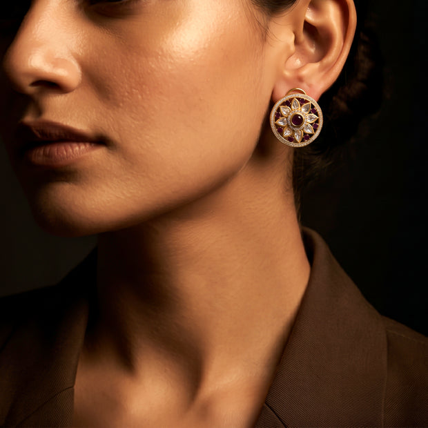 Bhavmayi 14K Gold Round Mandala Stud Earrings with Emerald & Teardrop Diamond Accents