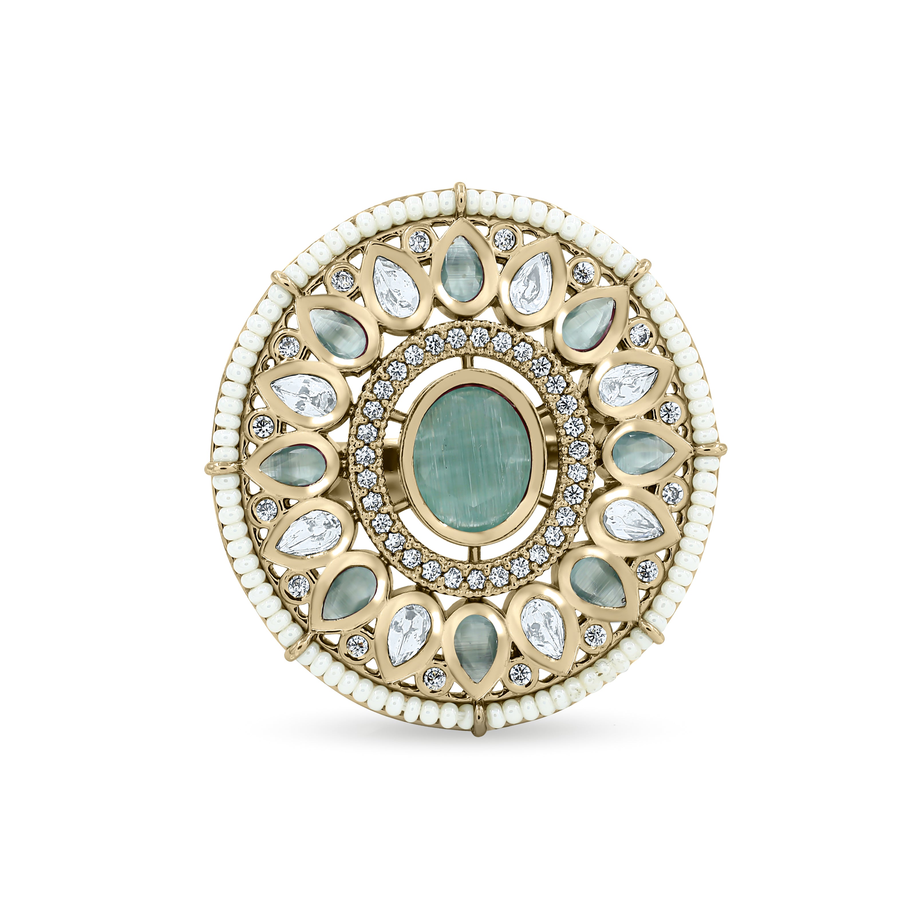 Bhavmayi 14K Yellow Gold Ruby and Diamond Floral Mandala Statement Ring with Seed Pearl Halo
