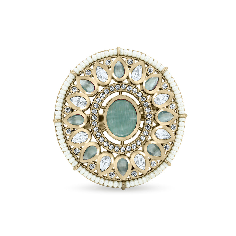 Bhavmayi 14K Yellow Gold Ruby and Diamond Floral Mandala Statement Ring with Seed Pearl Halo