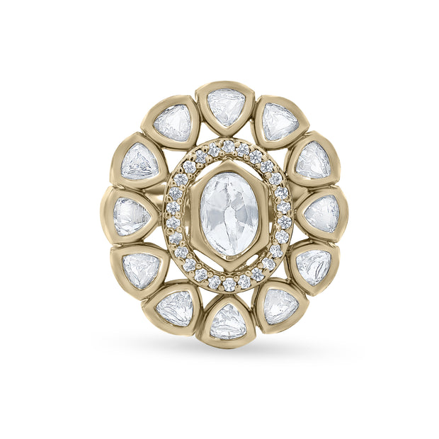 Bhavmayi Oval Zircon Vintage Shield Polki-Diamond Gold Finish Ring with Pave and Trillion Motif Halo