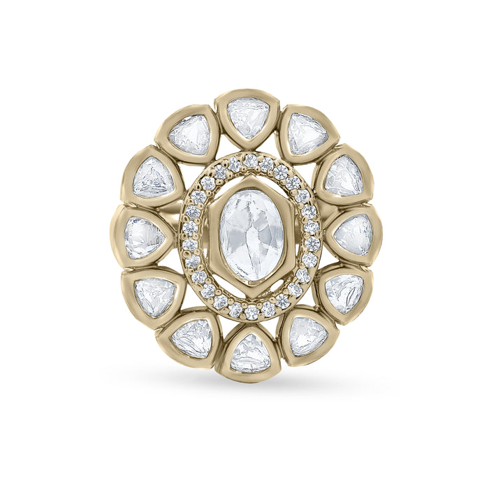Bhavmayi Oval Zircon Vintage Shield Polki-Diamond Gold Finish Ring with Pave and Trillion Motif Halo