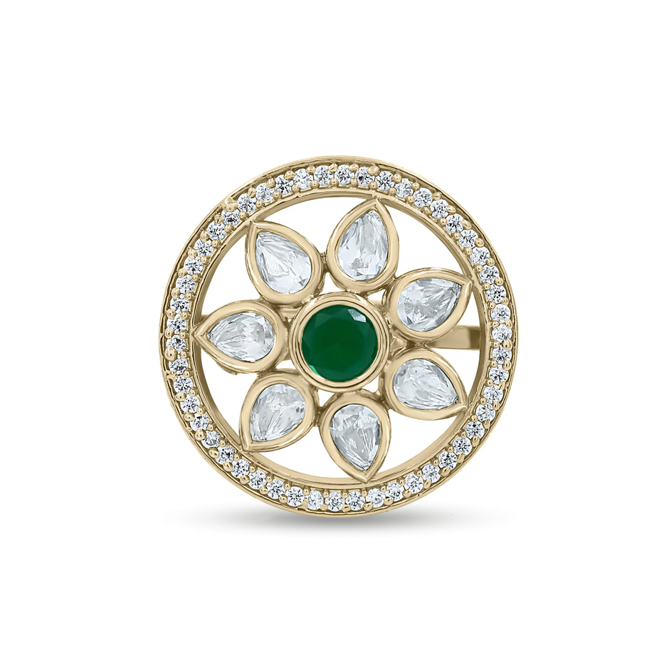 Bhavmayi Flower Mandala Statement Polki-Diamond-Gold Finish Ring
