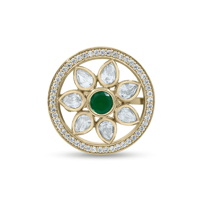 Bhavmayi Flower Mandala Statement Polki-Diamond-Gold Finish Ring