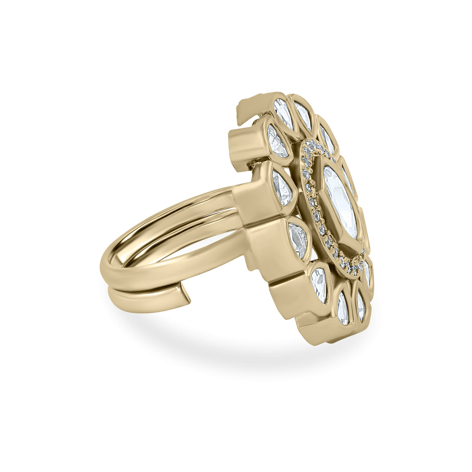 Bhavmayi Oval Zircon Vintage Shield Polki-Diamond Gold Finish Ring with Pave and Trillion Motif Halo