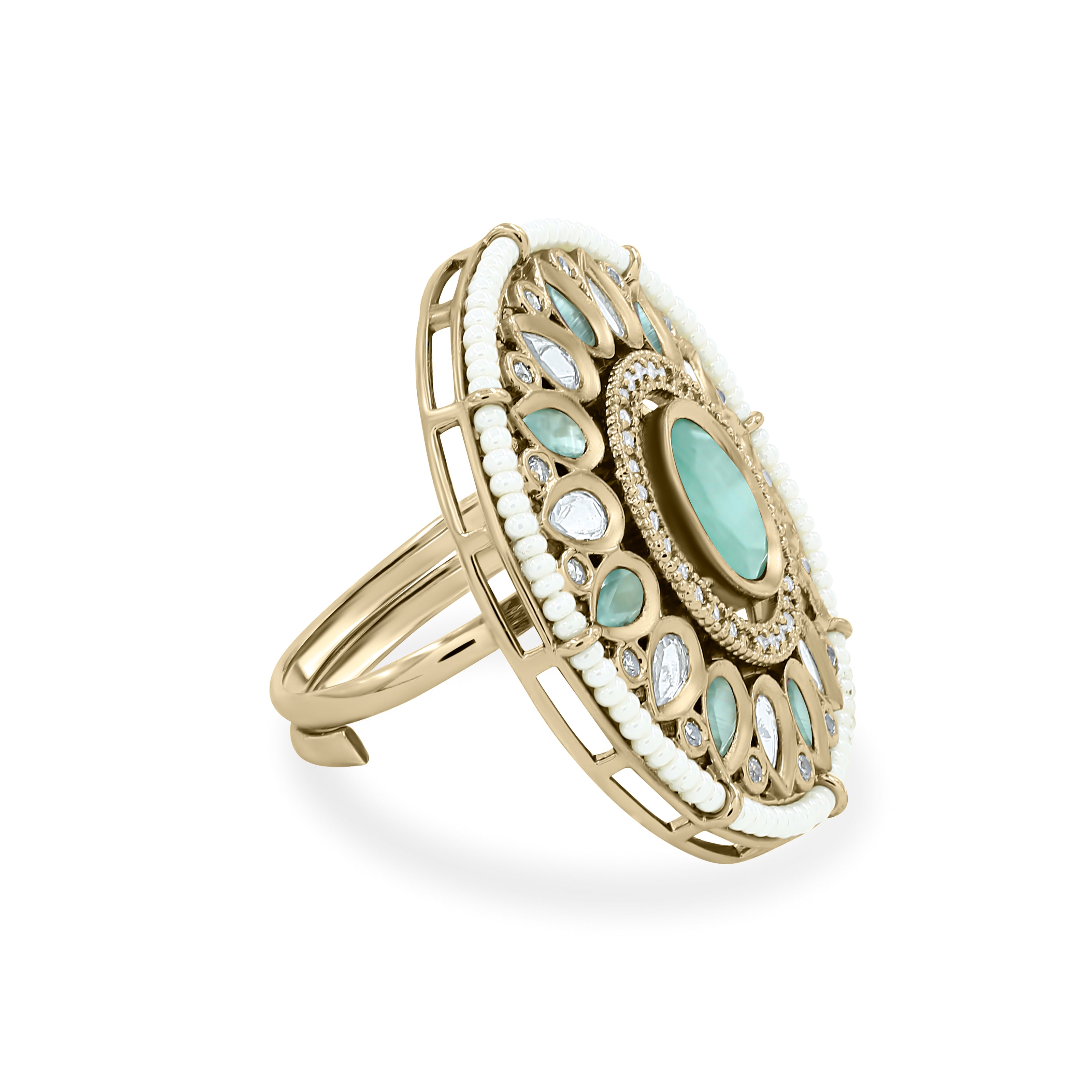 Bhavmayi 14K Yellow Gold Ruby and Diamond Floral Mandala Statement Ring with Seed Pearl Halo