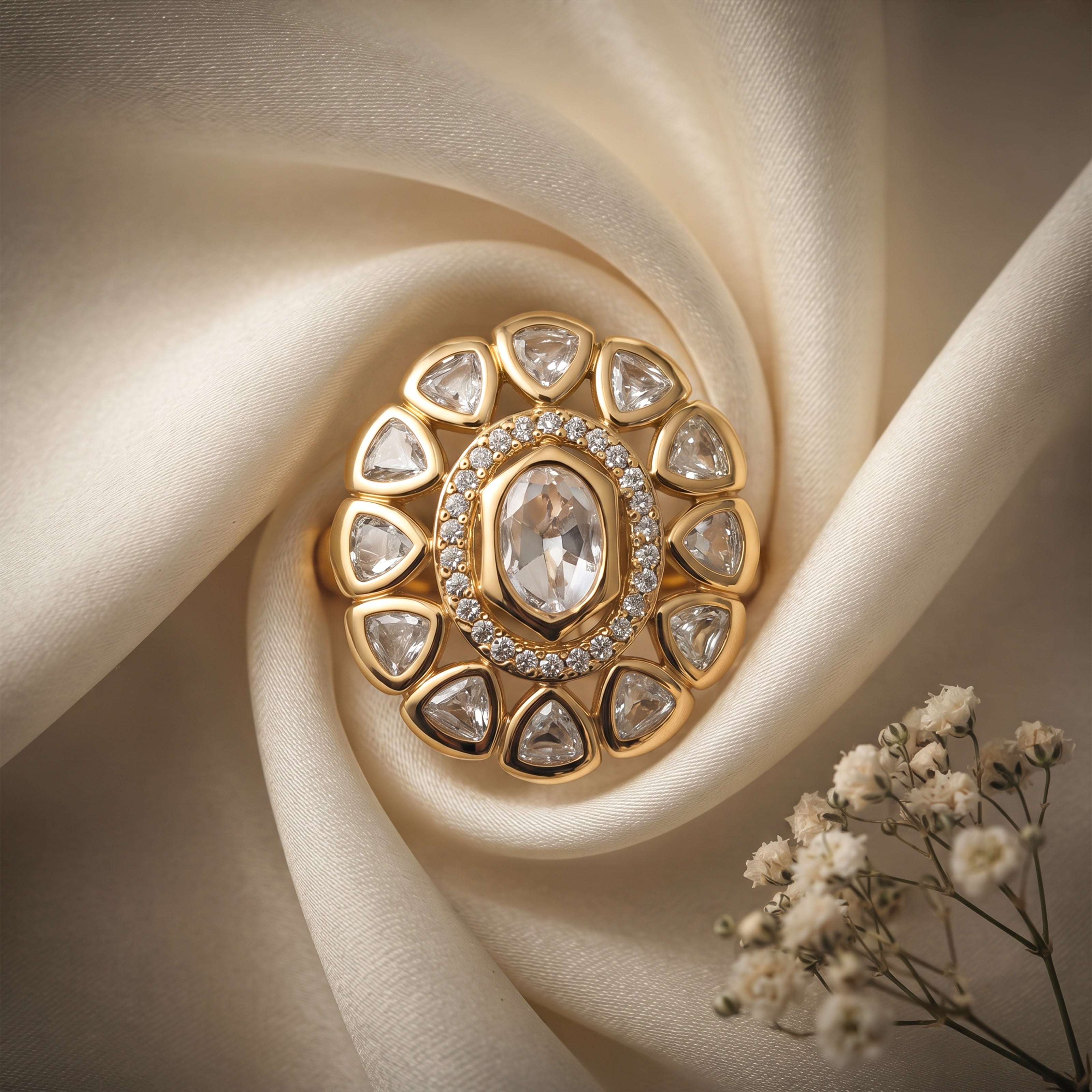 Bhavmayi Oval Zircon Vintage Shield Polki-Diamond Gold Finish Ring with Pave and Trillion Motif Halo