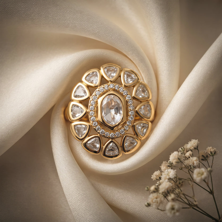 Bhavmayi Oval Zircon Vintage Shield Polki-Diamond Gold Finish Ring with Pave and Trillion Motif Halo