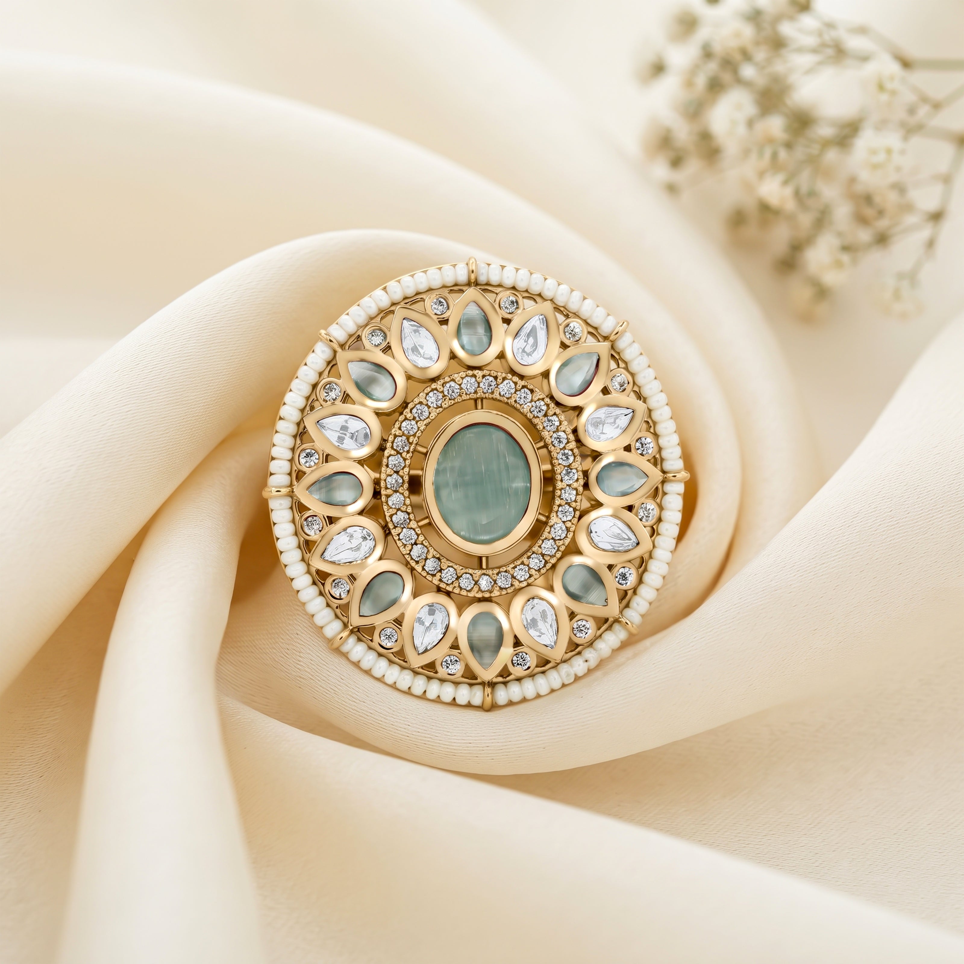 Bhavmayi 14K Yellow Gold Ruby and Diamond Floral Mandala Statement Ring with Seed Pearl Halo