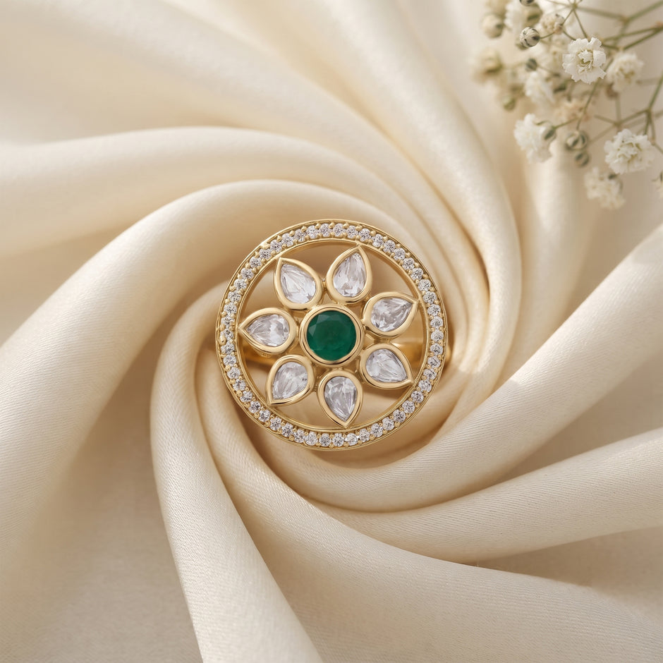 Bhavmayi Flower Mandala Statement Polki-Diamond-Gold Finish Ring