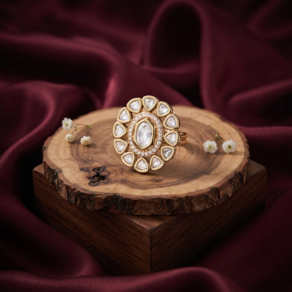 Bhavmayi Oval Zircon Vintage Shield Polki-Diamond Gold Finish Ring with Pave and Trillion Motif Halo