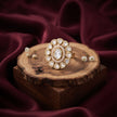 Bhavmayi Oval Zircon Vintage Shield Polki-Diamond Gold Finish Ring with Pave and Trillion Motif Halo