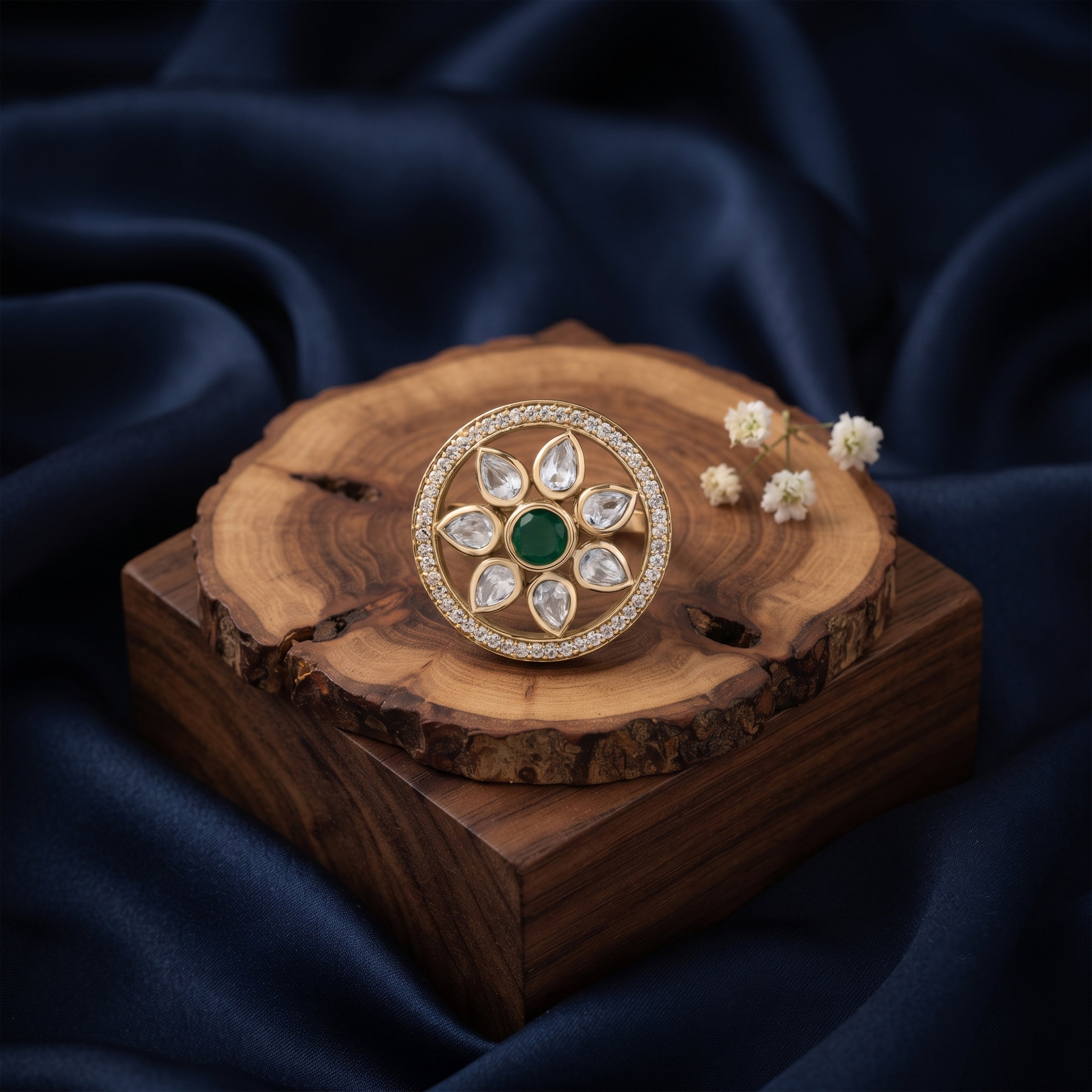 Bhavmayi Flower Mandala Statement Polki-Diamond-Gold Finish Ring