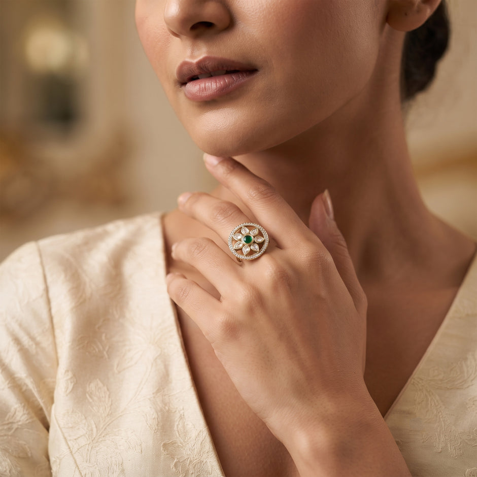 Bhavmayi Flower Mandala Statement Polki-Diamond-Gold Finish Ring