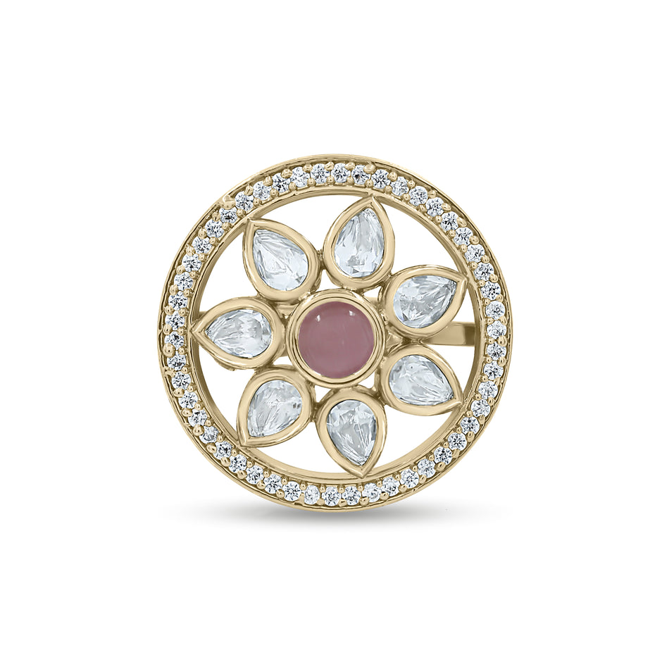 Bhavmayi Flower Mandala Statement Polki-Diamond-Gold Finish Ring