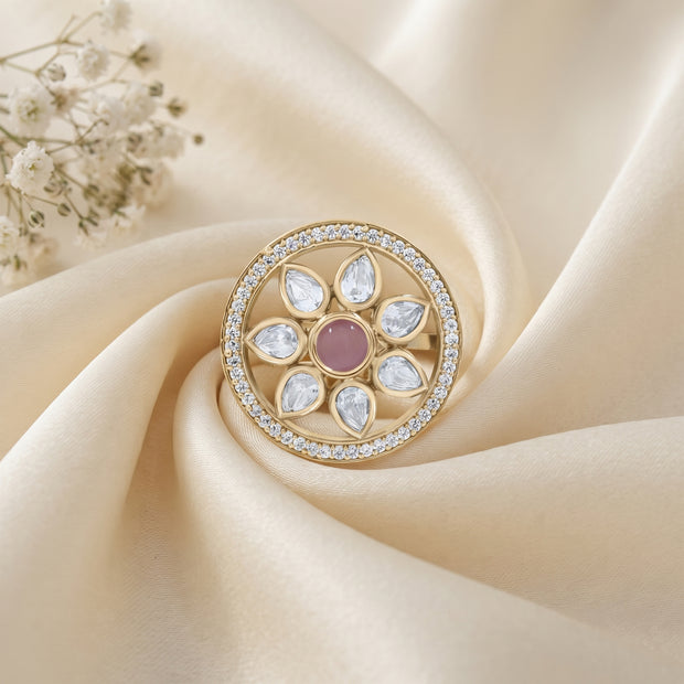 Bhavmayi Flower Mandala Statement Polki-Diamond-Gold Finish Ring