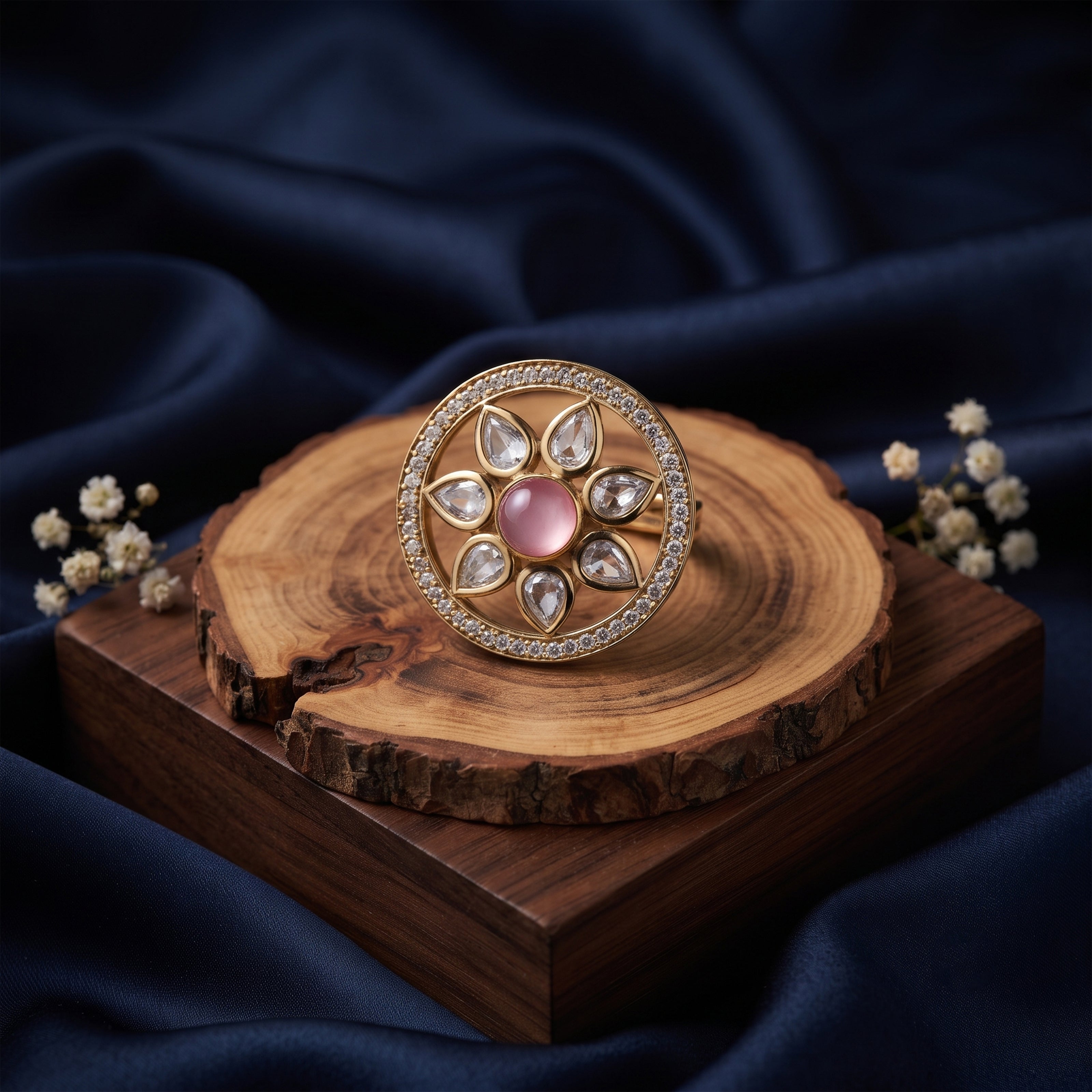 Bhavmayi Flower Mandala Statement Polki-Diamond-Gold Finish Ring