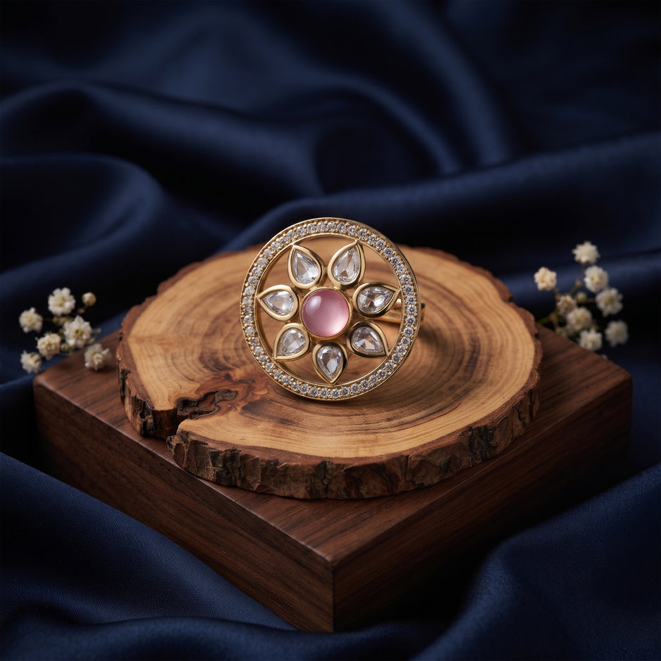 Bhavmayi Flower Mandala Statement Polki-Diamond-Gold Finish Ring