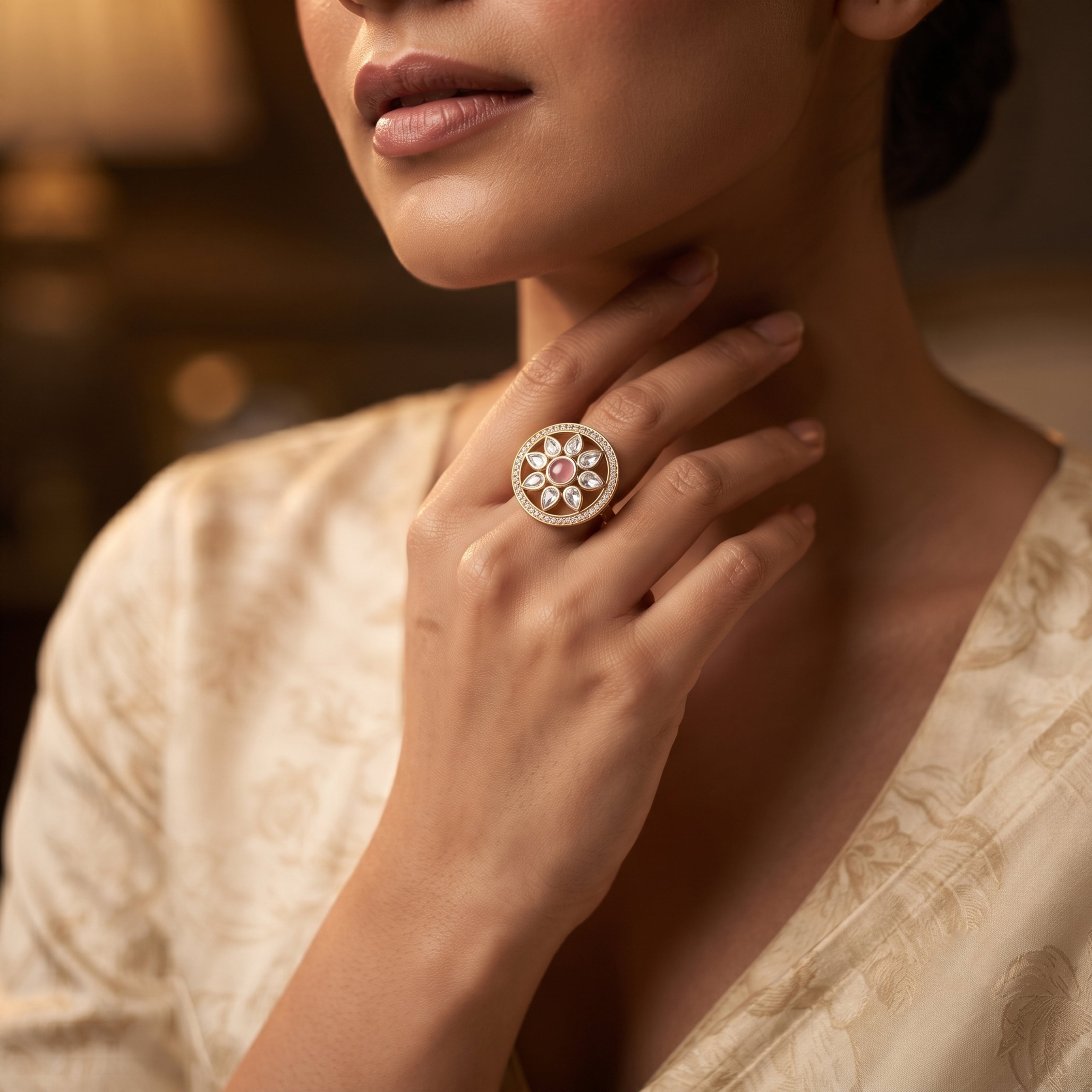 Bhavmayi Flower Mandala Statement Polki-Diamond-Gold Finish Ring