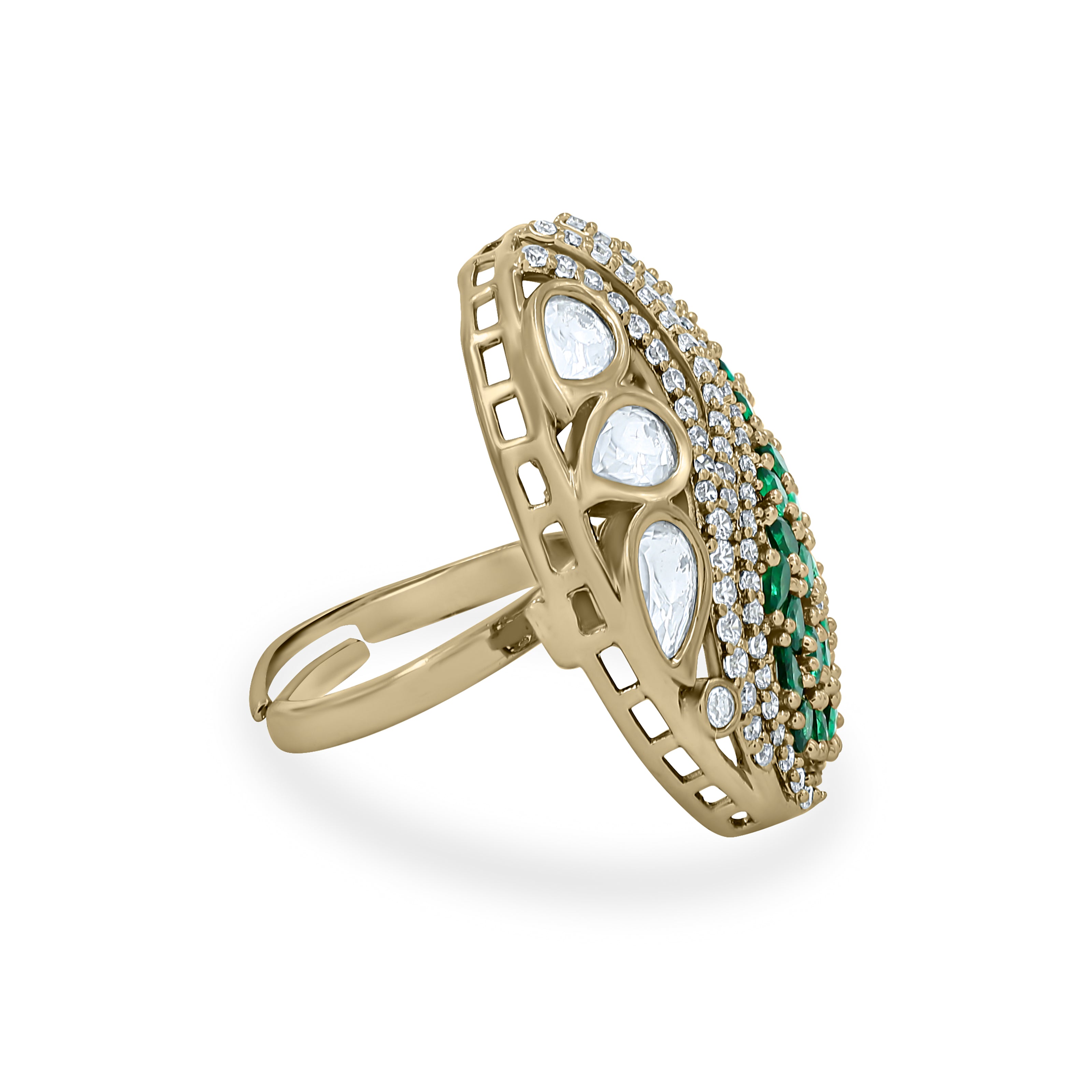 Bhavmayi Regal Emeralds Polki & Diamonds-Style Floral Statement Ring