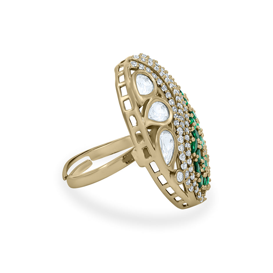 Bhavmayi Regal Emeralds Polki & Diamonds-Style Floral Statement Ring