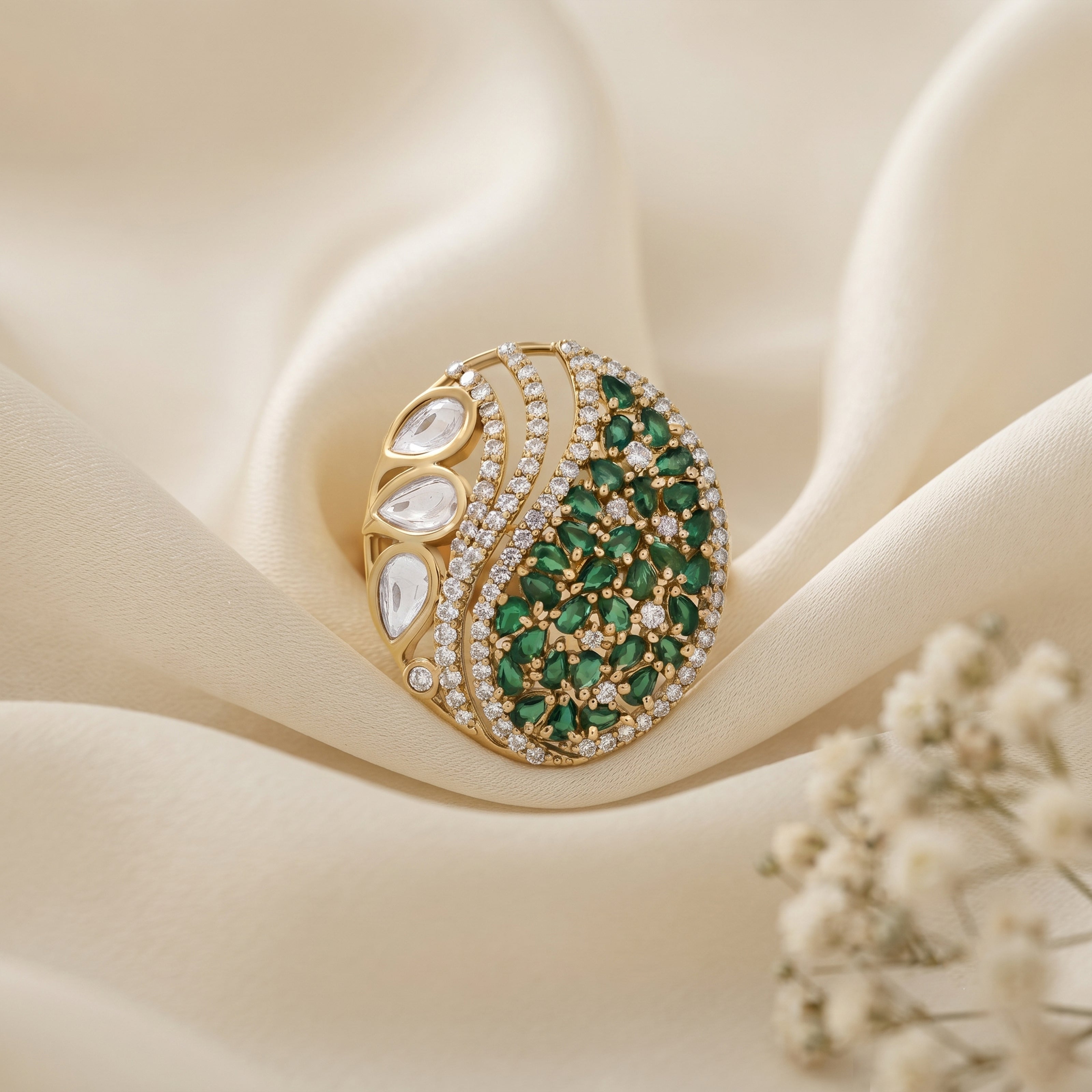 Bhavmayi Regal Emeralds Polki & Diamonds-Style Floral Statement Ring