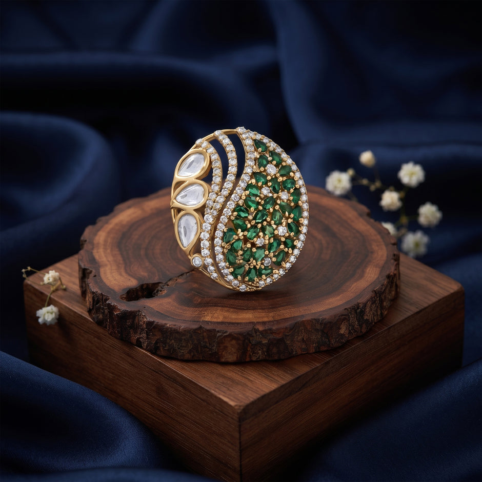 Bhavmayi Regal Emeralds Polki & Diamonds-Style Floral Statement Ring