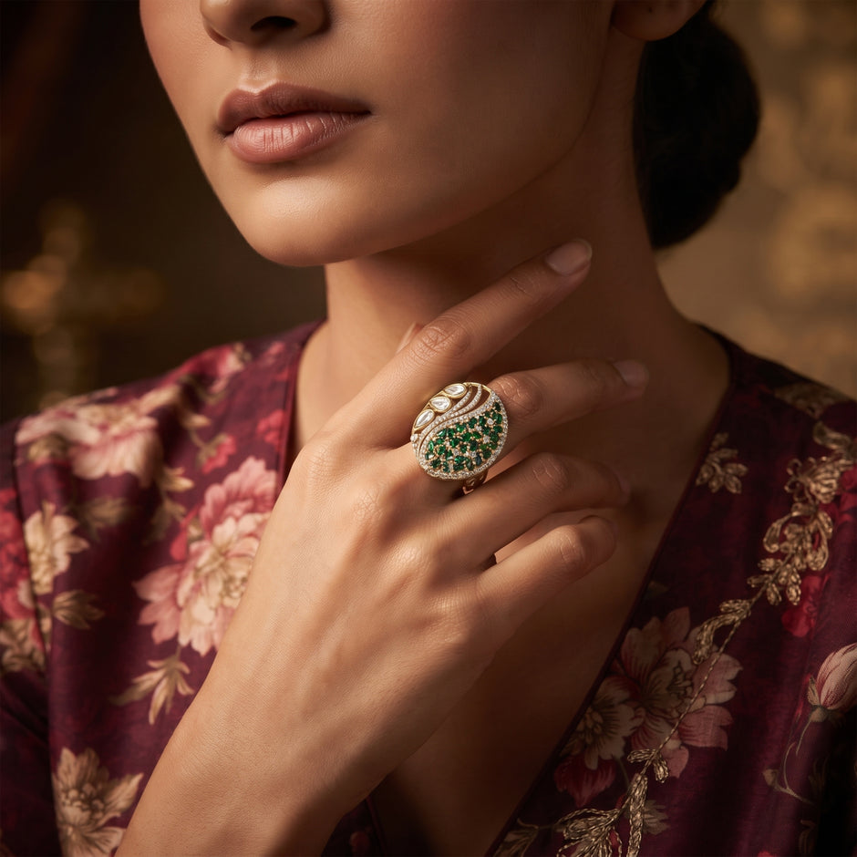 Bhavmayi Regal Emeralds Polki & Diamonds-Style Floral Statement Ring