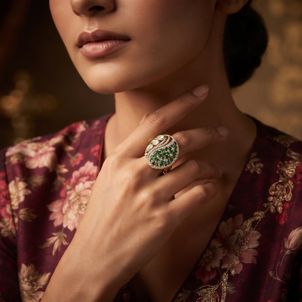 Bhavmayi Regal Emeralds Polki & Diamonds-Style Floral Statement Ring