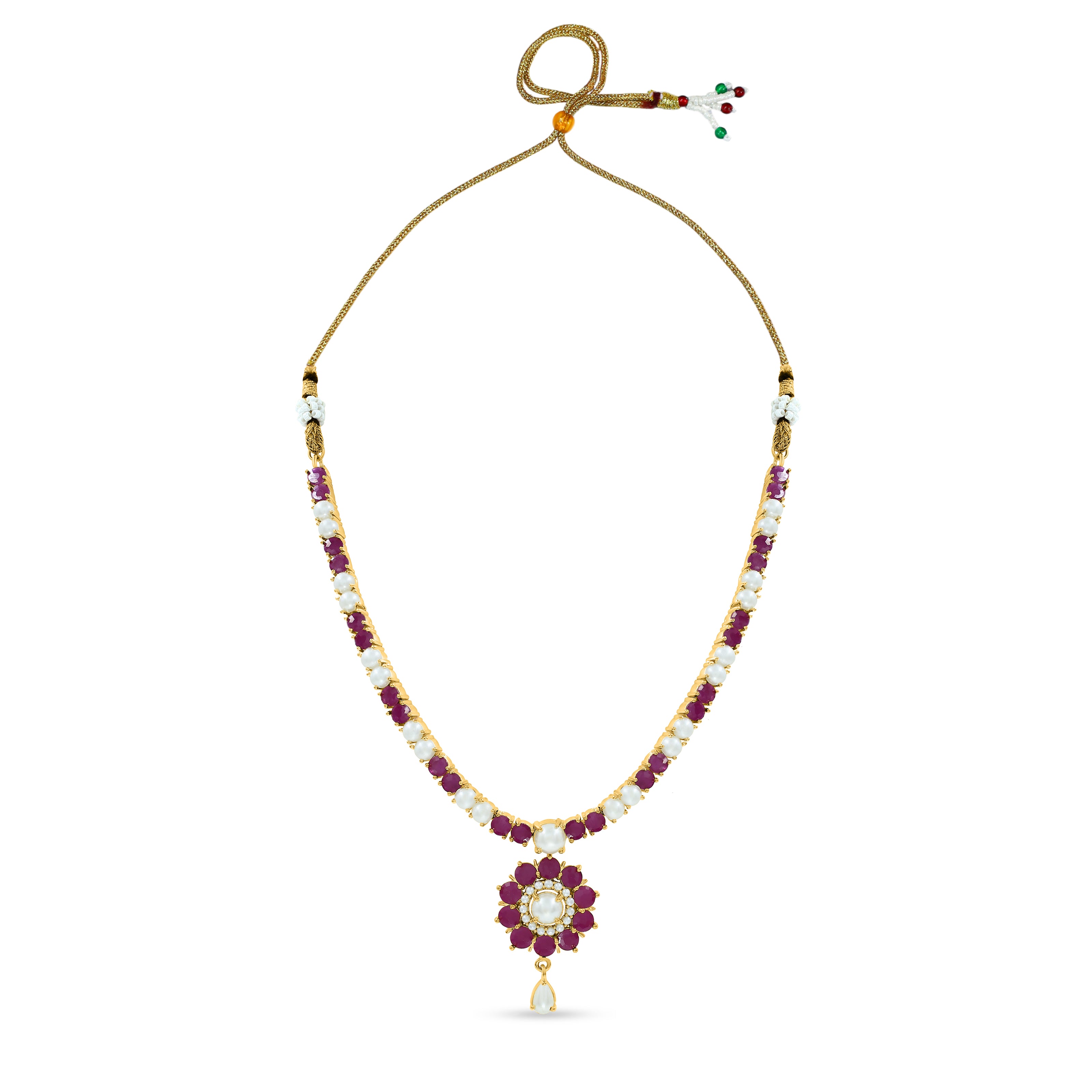 Bhavmayi Classic Ruby-Red Stone & Lustrous Round and Teardrop Pearls Flower Accent Pendant Heritage Necklace Set with Earrings